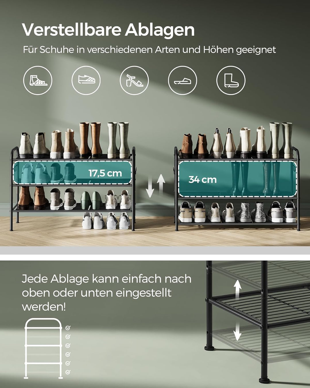 SONGMICS Schuhregal, Schuhständer mit 3 Ebenen, Metallregal mit 4 seitlichen Haken, für 15 Paar Schu