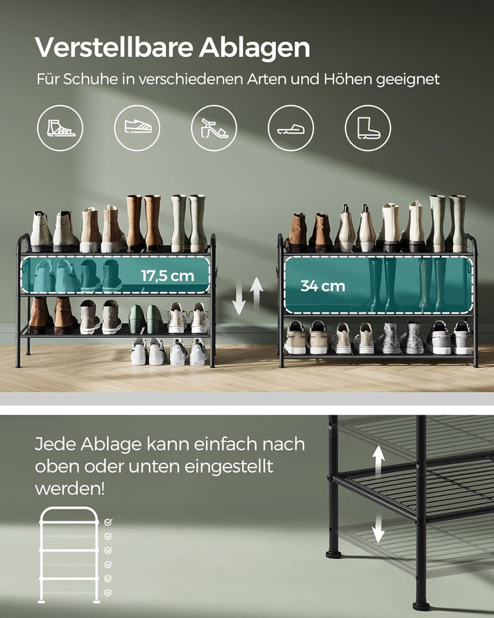 SONGMICS Schuhregal, Schuhständer mit 3 Ebenen, Metallregal mit 4 seitlichen Haken, für 15 Paar Schu