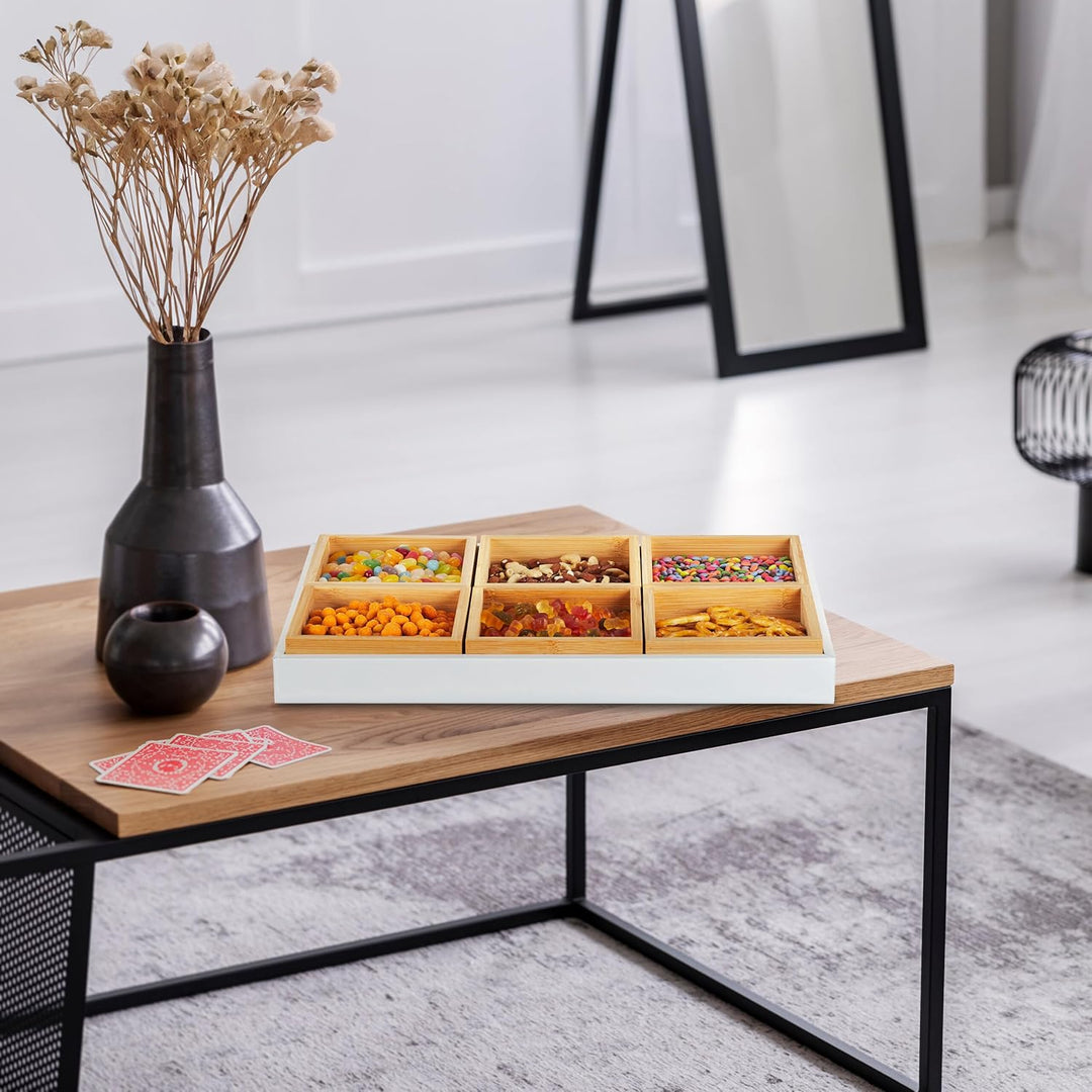 Relaxdays Snackschalen Set, mit Serviertablett, Bambus, 6 Schälchen, Chips, Nüsse & Süssigkeiten, Se