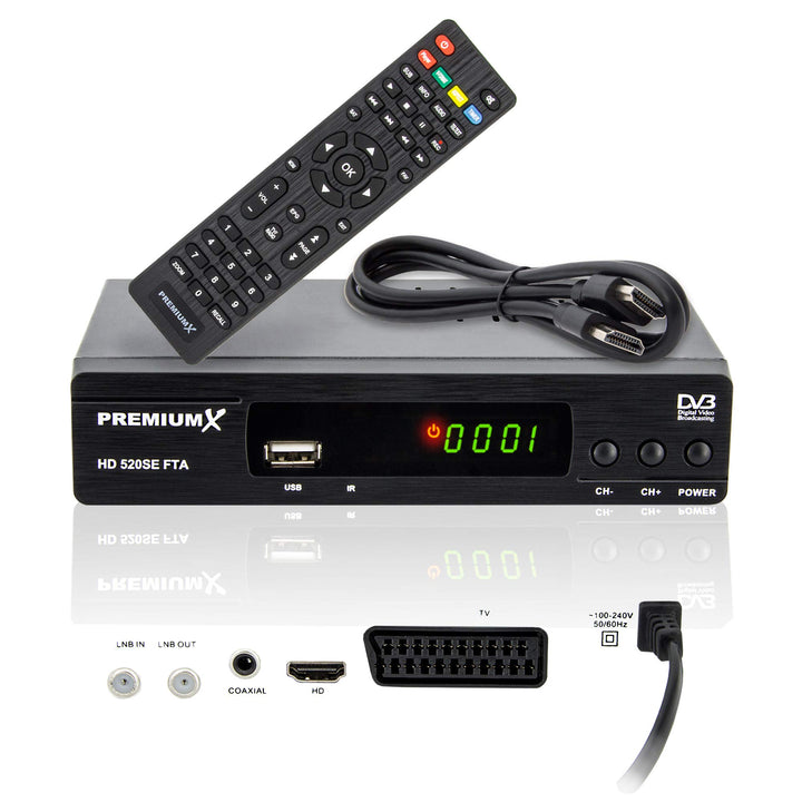 PremiumX Satelliten-Receiver HD 520SE FTA Digital SAT TV Receiver DVB-S2 FullHD HDMI SCART 2X USB Mu