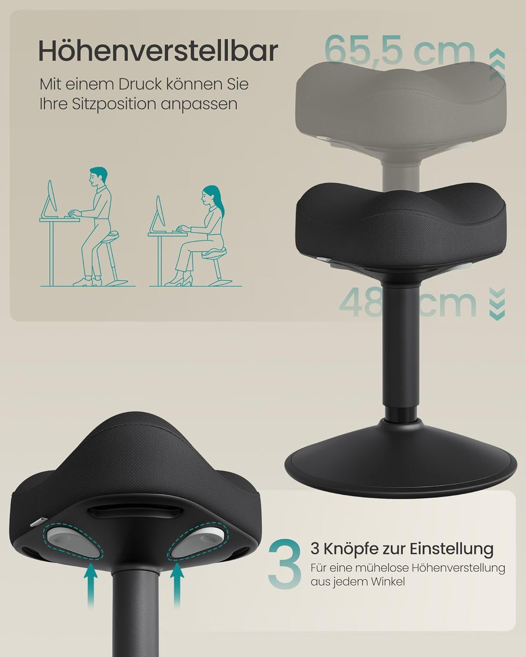 SONGMICS Stehhocker, um 360° neigbar, höhenverstellbar 48-65.5 cm | Schreibtischstuhl, modern, gross
