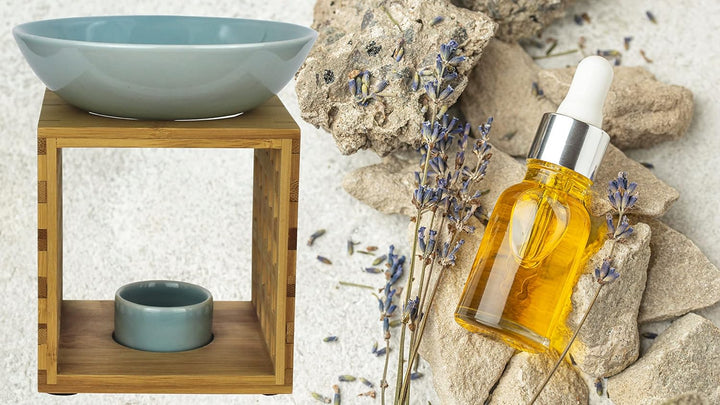 Bitto Duftlampe Riga Weissblau mit Kerze, grosse Schale, Fair Trade, Aromalampe aus Bambusholz und K
