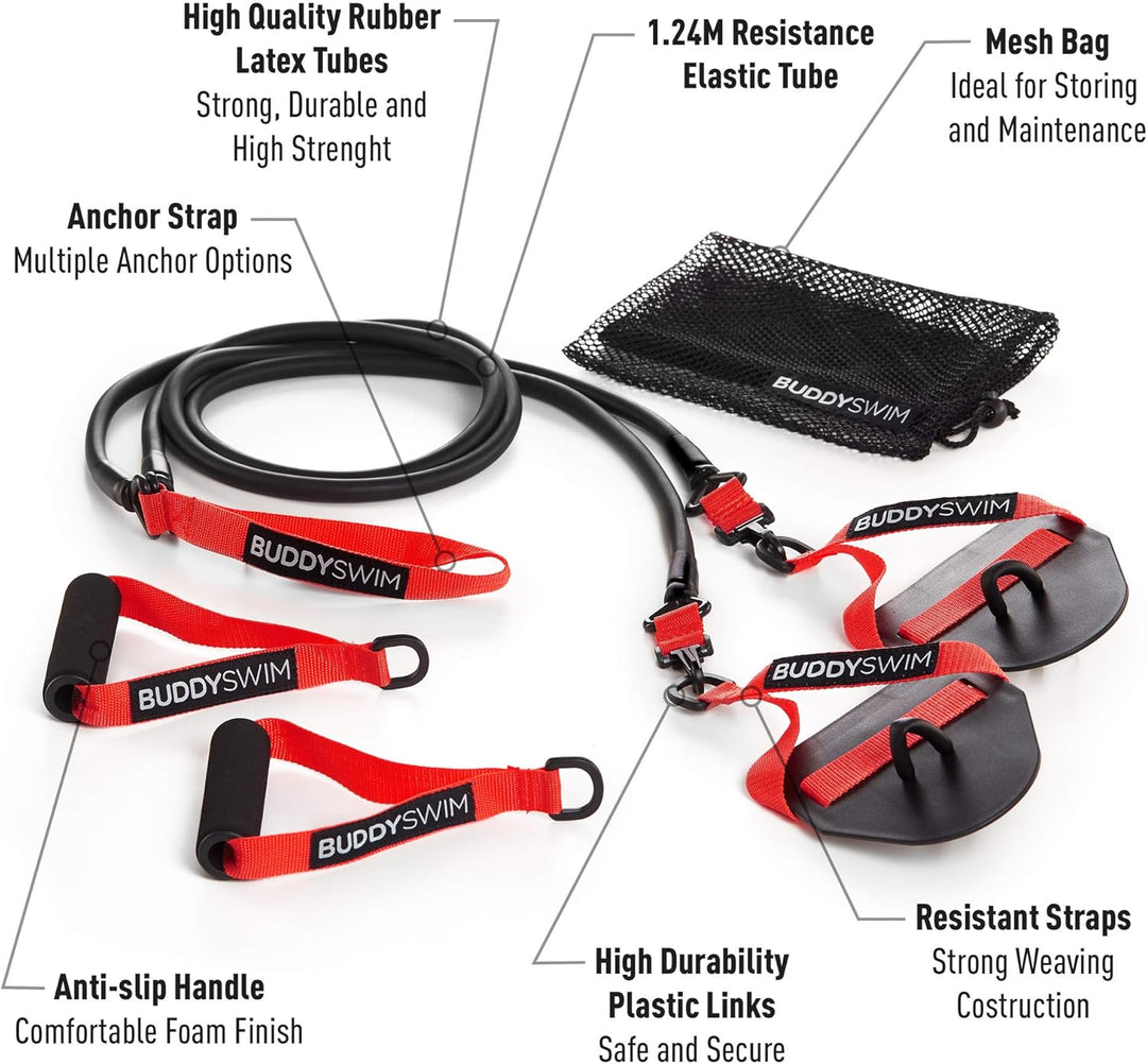 Buddyswim Super Stroke Dryland Cords Widerstandsgummis mit austauschbaren Griffen und Paddles. Elast