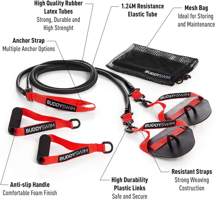 Buddyswim Super Stroke Dryland Cords Widerstandsgummis mit austauschbaren Griffen und Paddles. Elast