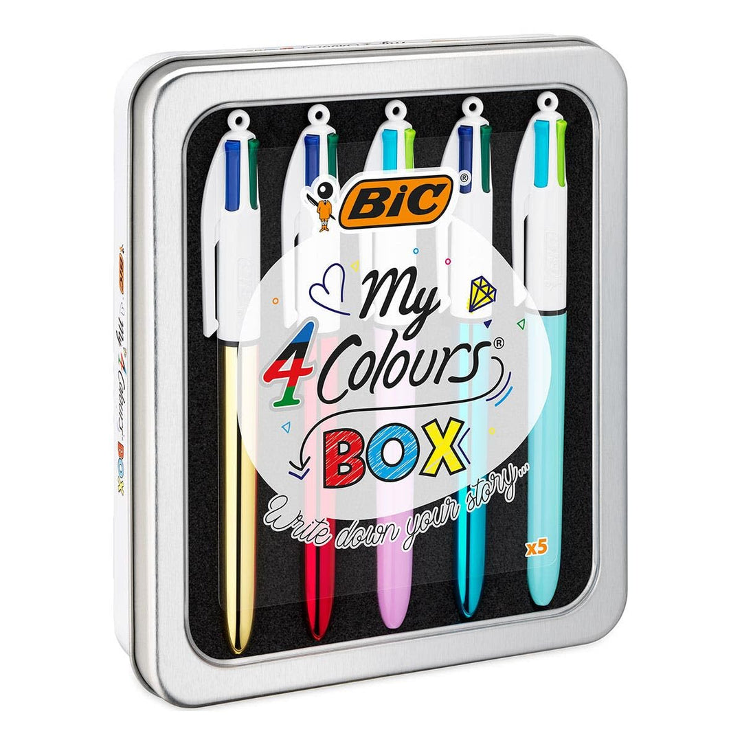 BIC 4 Farben Kugelschreiber Set 4 Colours, 5er Stifte Set in Metallbox mit 3 Colours Shine & 2 Colou