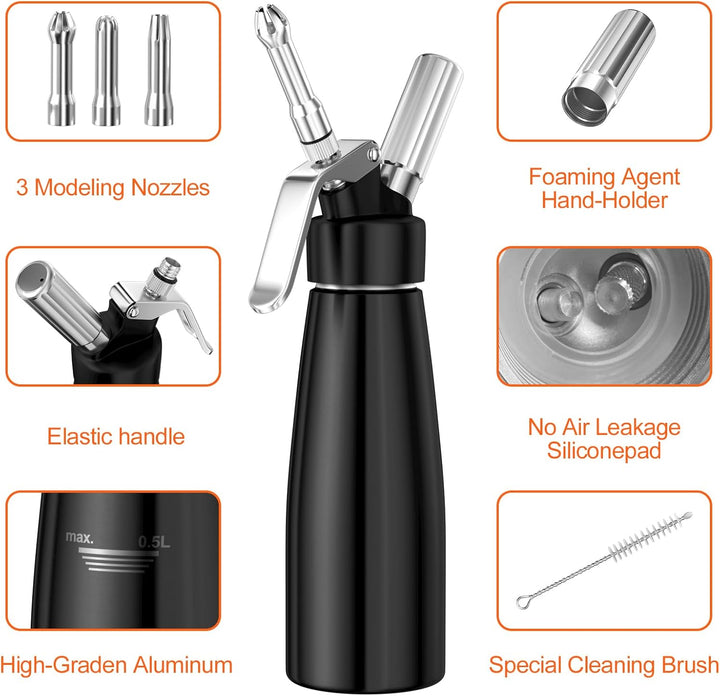 Newaner 500ml sahnespender, Sahnesyphon Aluminium mit 3 Edelstahl Deko-Düsen und 1 Reinigungbürste,