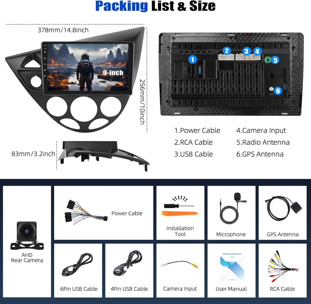 CAMECHO 4+64G Android 15 Autoradio 9 Zoll für Ford Focus1998-2005 mit Rückfahrkamera, IPS Touchscree