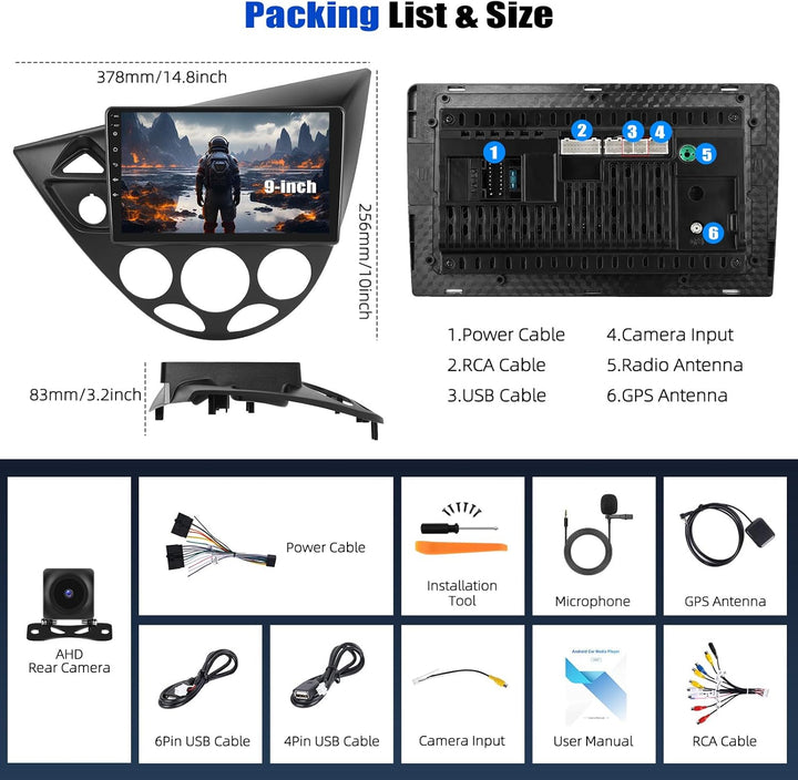 CAMECHO 4+64G Android 15 Autoradio 9 Zoll für Ford Focus1998-2005 mit Rückfahrkamera, IPS Touchscree