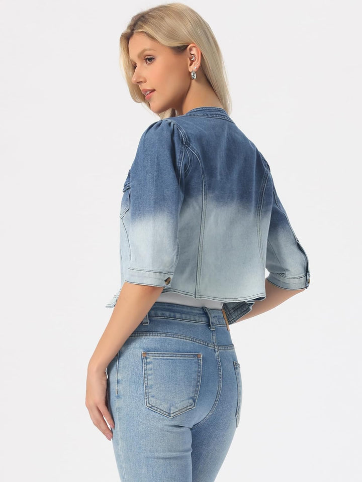 Allegra K Damen Jeansjacke 3/4 Ärmel Open Front Kragenlos Jacke mit Taschen S Blau Weiss, S Blau Wei