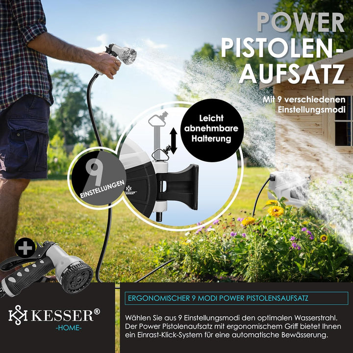 KESSER® Schlauchtrommel Wasser 15+2m Schlauchaufroller Inkl. 2-Wege-Verteiler + Multi-Handbrause Was