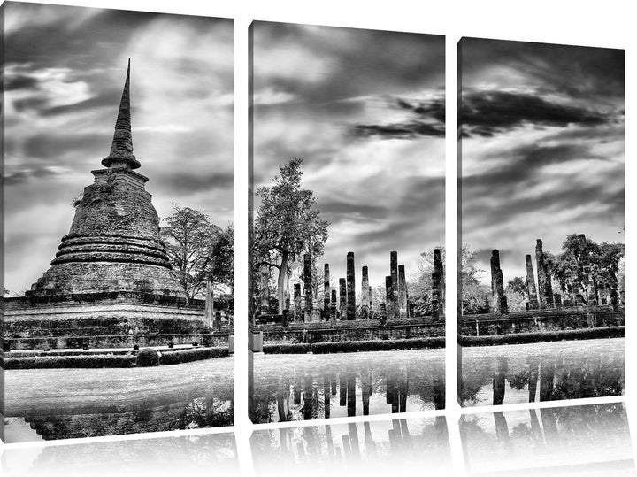Pixxprint Buddha Tempel im Sonnenuntergang/Format: 3-Teiler (120x80cm) cm/Leinwandbild fertig bespan