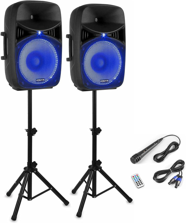 Vonyx VPS152A, PA Lautsprecher Set mit Ständer und Mikrofon, 1000 Watt PA Anlage Komplettset, 15 Zol