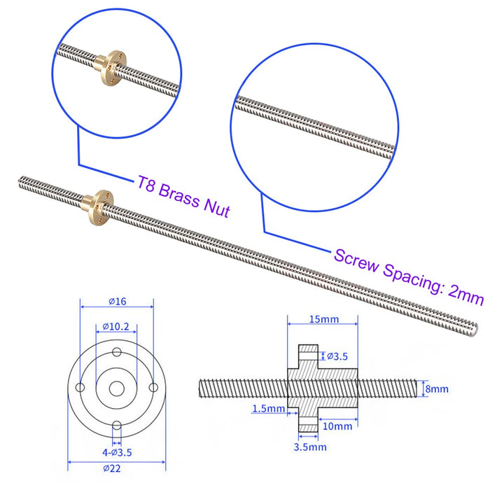 2 Set 200mm T8 Gewindespindel Set, 304 Edelstahl 8mm Gewindestange mit Messingmutter,Horizontale Ste