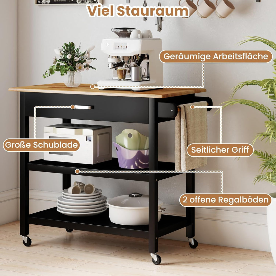 COSTWAY Küchenwagen, Mobile Kücheninsel mit Arbeitsplatte, 3-stöckiger Küchenrollwagen mit 2 offenen