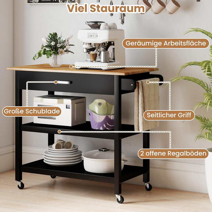 COSTWAY Küchenwagen, Mobile Kücheninsel mit Arbeitsplatte, 3-stöckiger Küchenrollwagen mit 2 offenen