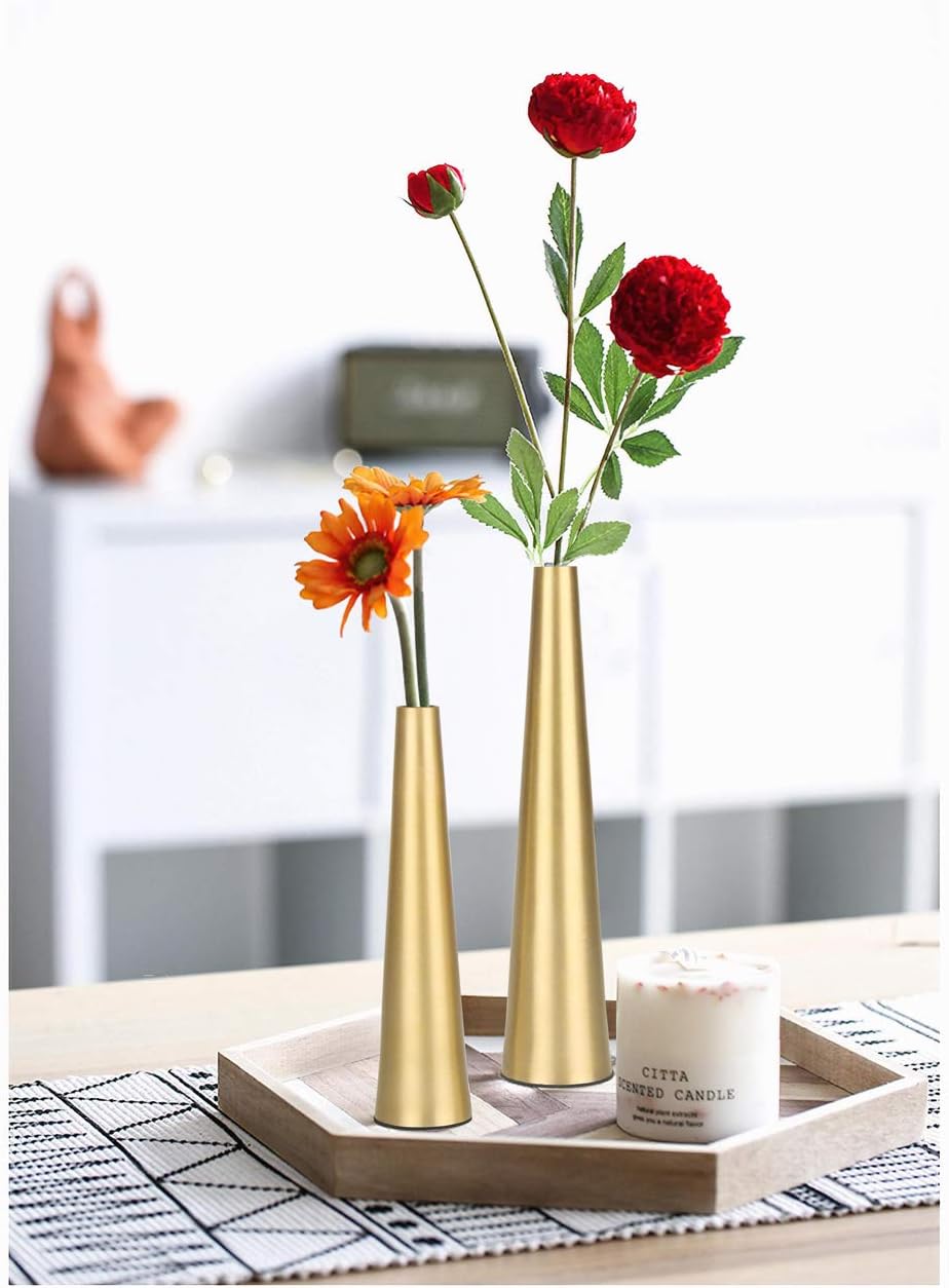 Vixdonos 10,5/21,6 cm goldene Metallvase, kleine Blumenvase, 2 Stück, konische Vase für Hochzeitstis