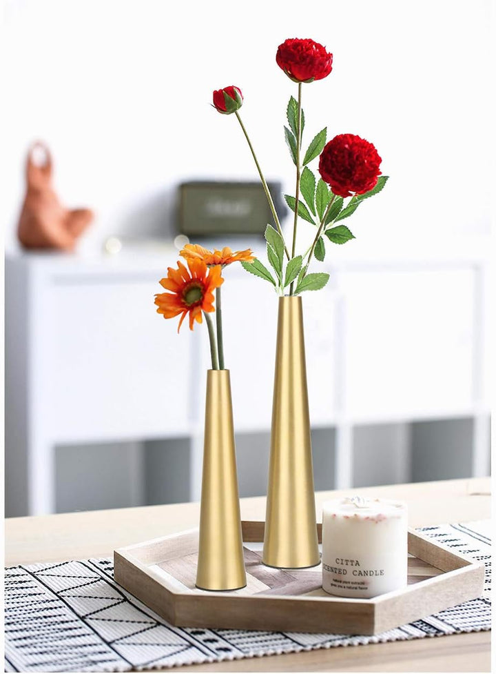Vixdonos 10,5/21,6 cm goldene Metallvase, kleine Blumenvase, 2 Stück, konische Vase für Hochzeitstis