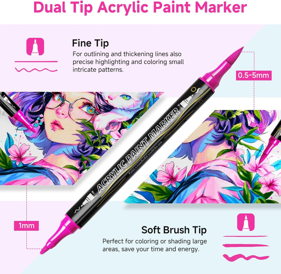 Acrylstifte Set 72 Farben, Dual Tip Acrylic Paint Marker mit Feiner Spitze und Pinsel, Acrylmarker W