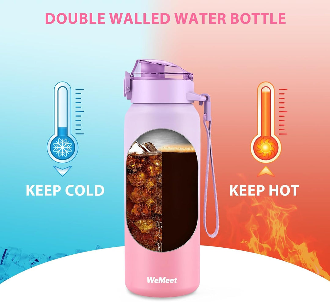 WEMEET Edelstahl Trinkflasche Sport mit Abnehmbare Strohhalm 500ML, [18/10 Edelstahl] Wasserflasche