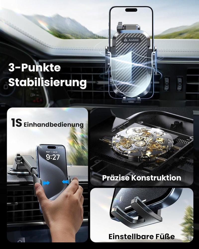 andobil Handyhalterung Auto [ Stabilere Version & nie wackeln ] 3 in 1 Auto Handyhalter Saugnapf & L