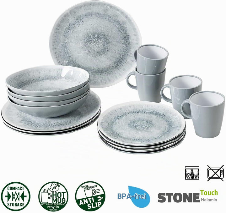 BRUNNER - Campinggeschirr Melamin (Set: 8, 12, 16 oder 40 Teilig), 2-4 Personen - Pearl - Hochwertig