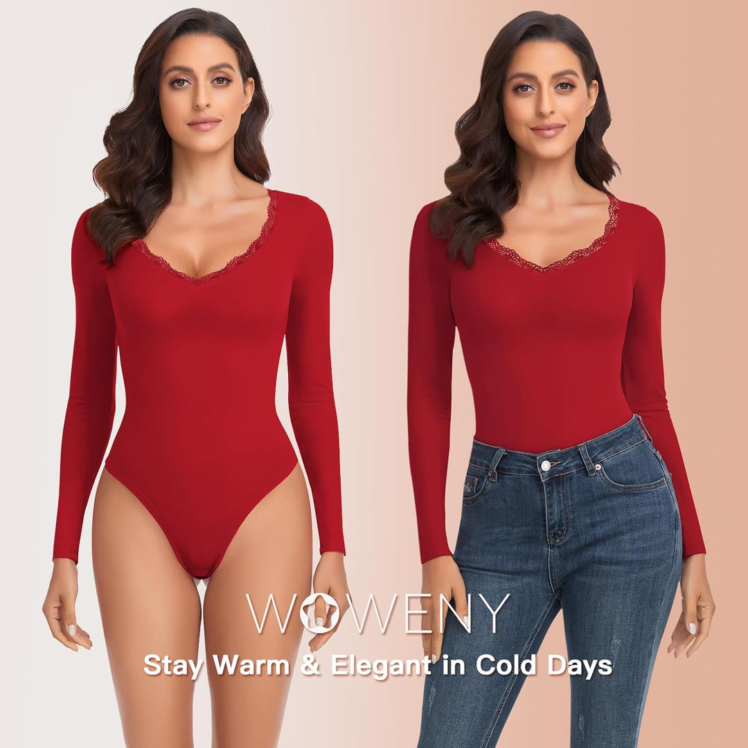 WOWENY Thermo Body Damen Langarm Elegant Langarmbody mit Spitze V-ausschnitt Fleece Bodysuit Warm Be