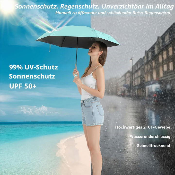 BAODINI Reise-Mini-Regenschirm für Geldbörse mit Etui – kleiner kompakter UV-Regenschirm, Sonnenschu