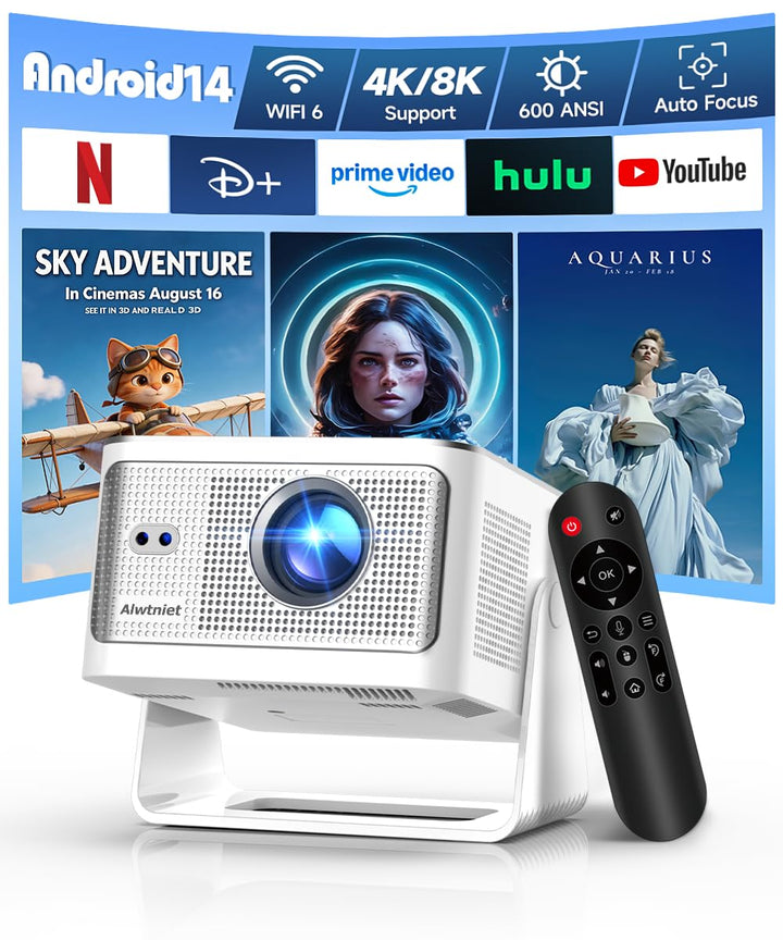 Alwtniet Mini Beamer Projektor 4K 8K Unterstützt, Full HD 1080P Smart Projector mit Android 14, WiFi
