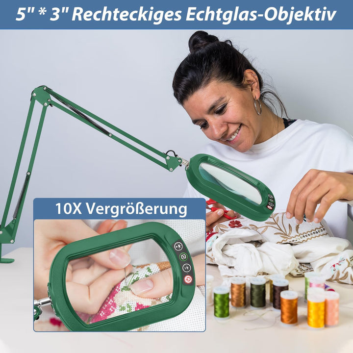 Veemagni 10X Echtes Glas Rechteckige Lupe mit Licht und Klemme, 5 Farbmodi stufenlos dimmen, 2 * 16