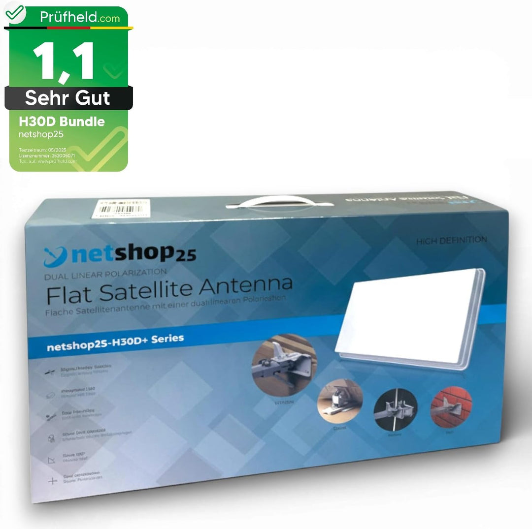 netshop 25 Set: SELFSAT H30D4+ Flachantenne Quad + Fensterhalterung + 4 Fensterdurchführung + 16 F-S