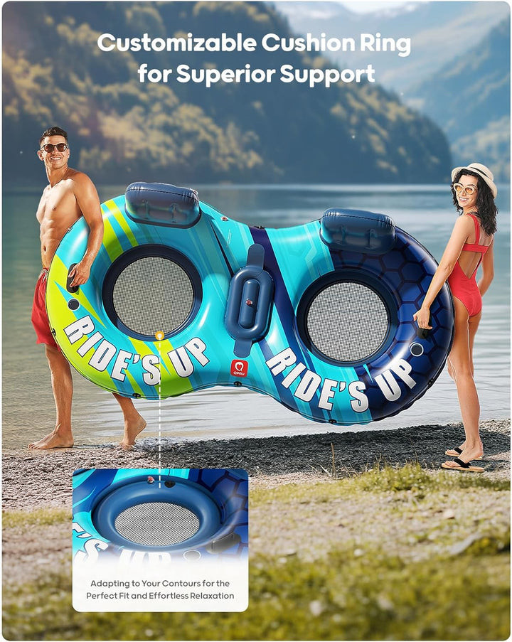 'QPAU Inflatable Double River Tube, 2 Person 660lb Capacity, Puncture-Resistant 93'' Sturdy Heavy Du