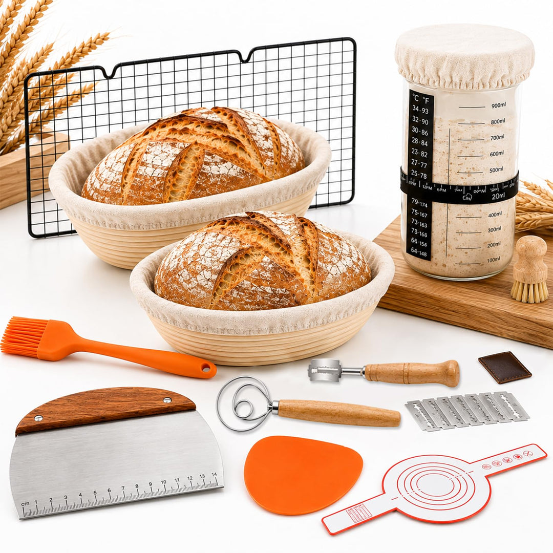 Sauerteig Starter Set 14-teilig, Gärkörbchen 23cm Rund &amp; 25cm Oval | Brot Backen Zubehör mit Gärkörb