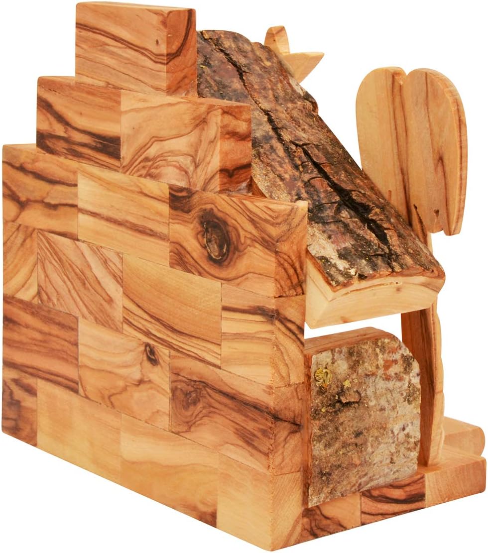THE JERUSALEM GIFT SHOP SINCE 2004 Olivenholz Krippe Set mit Figuren | Rindendach stabil | Made in B