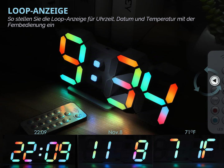 KOSUMOSU Wanduhr, Neon-Digitaluhr, 3D-LED-Schreibtischuhr, grosses Display, 24.6 cm, RGB-Uhr, ästhet