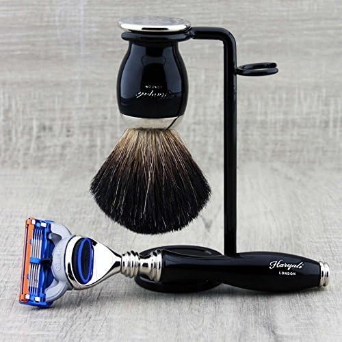 Haryali London Black Herren Rasierset mit 5-Kant-Rasiermesser, schwarzem Dachshaar-Rasierpinsel und