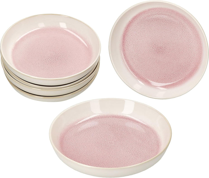 MamboCat 6er Set Reactive Glaze Paris Suppenteller I 400 ml I Creme &amp; Pink I Steingut-Teller für 6 P