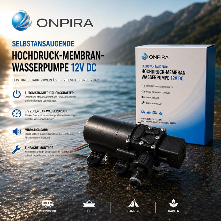 ONPIRA Wasserpumpe 12V (Hochdruckmembran) mit Gartenschlauch Anschluss selbstansaugende Pumpe für Wo