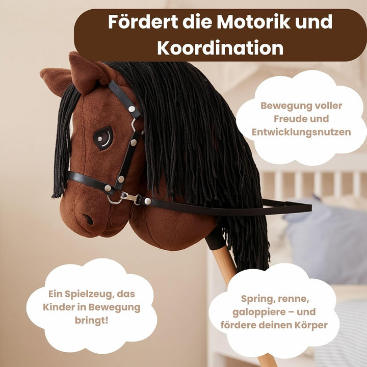 Start Hobby Horse Steckenpferd aus Plüsch mit Holzstock – Realistisches Stockpferd mit Langer Mähne