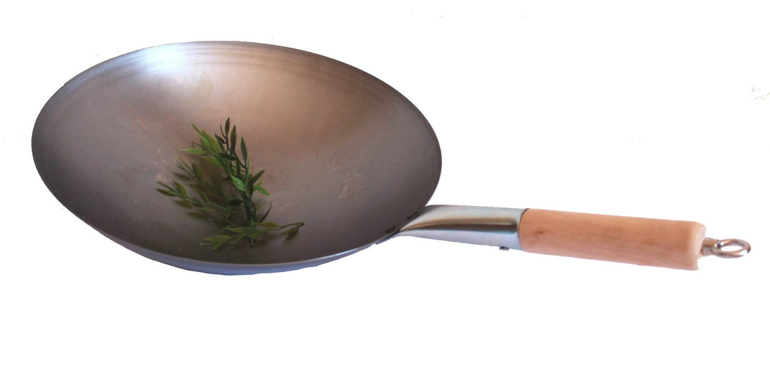 Wok Pfanne runder Boden Ø 35 cm, für Gas, mit Holzgriff auch zum Aufhängen
