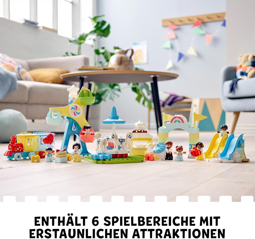 LEGO 10956 DUPLO Erlebnispark, Kinderspielzeug ab 2 Jahre mit Jahrmarkt und Zug für Mädchen und Jung