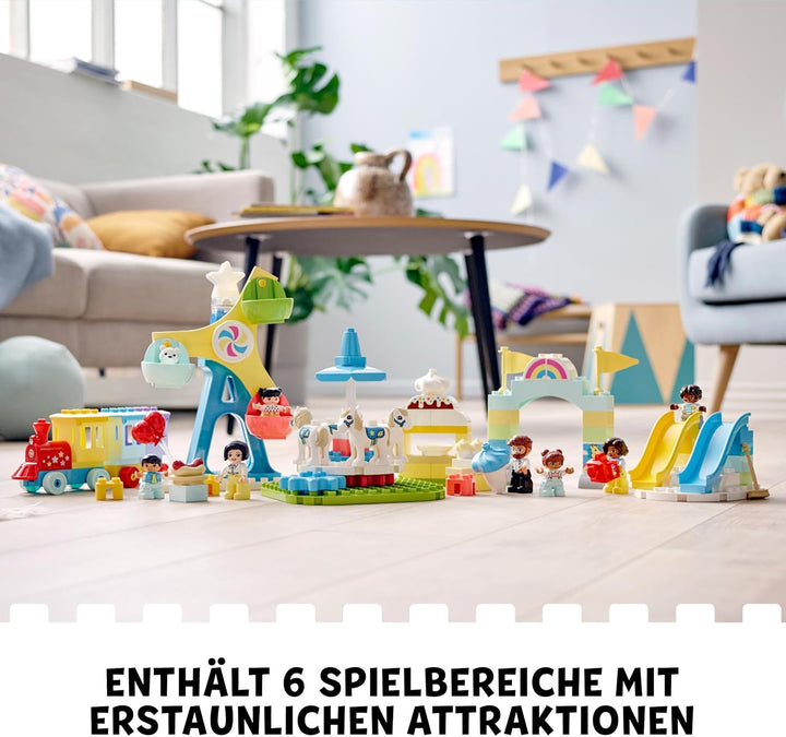 LEGO 10956 DUPLO Erlebnispark, Kinderspielzeug ab 2 Jahre mit Jahrmarkt und Zug für Mädchen und Jung