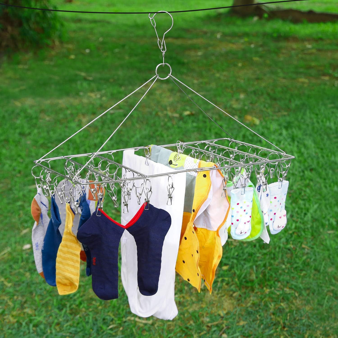 Stainless Steel Sock Drying Rack, Swivel Hook Wind-Proof Clothes Hanger Rack for Socks, Underwear, S