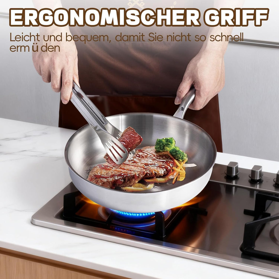 Edelstahl Bratpfanne 28cm mit Deckel, Edelstahl Pfanne unbeschichtet , 3-lagige Edelstahlpfanne indu