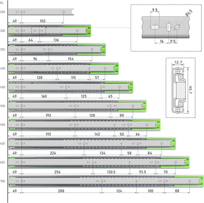 6 Paar (12 Stück) | LANZZAS® Schubladenschienen 550 mm, Vollauszüge, Teleskop-Schienen kugelgelagert