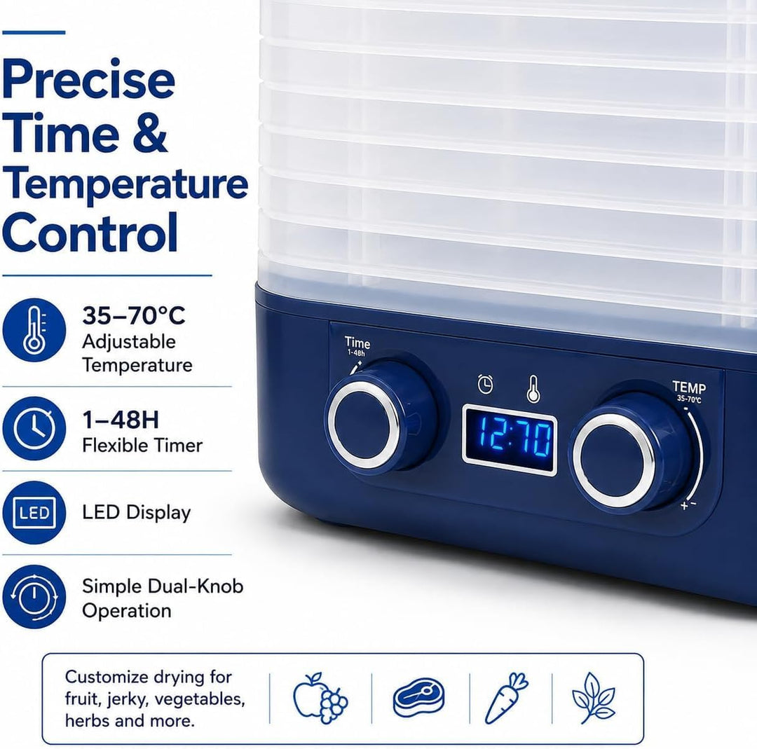Dörrautomat mit 5 Tabletts, Dörrgerät 35-70°C &amp; 48h Timer, LED-Display, 360° Heissluft – Obsttrockne