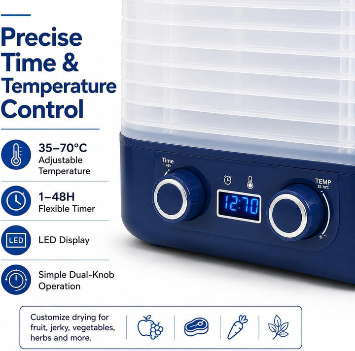 Dörrautomat mit 5 Tabletts, Dörrgerät 35-70°C &amp; 48h Timer, LED-Display, 360° Heissluft – Obsttrockne