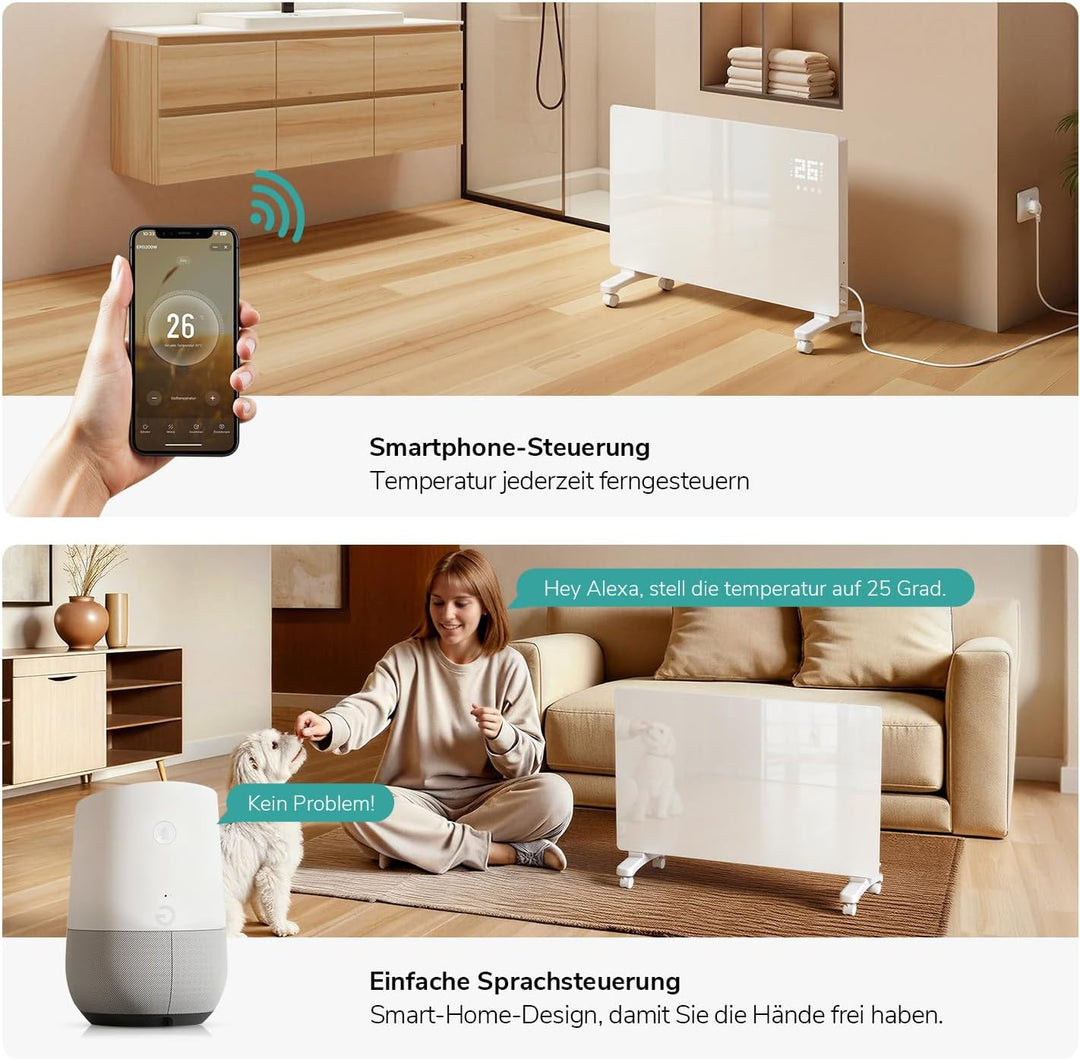 EMKE Smart Elektroheizung 2000W, Glaskonvektor-Heizung Elektrisch mit WLAN & App-Steuerung, Elektroh