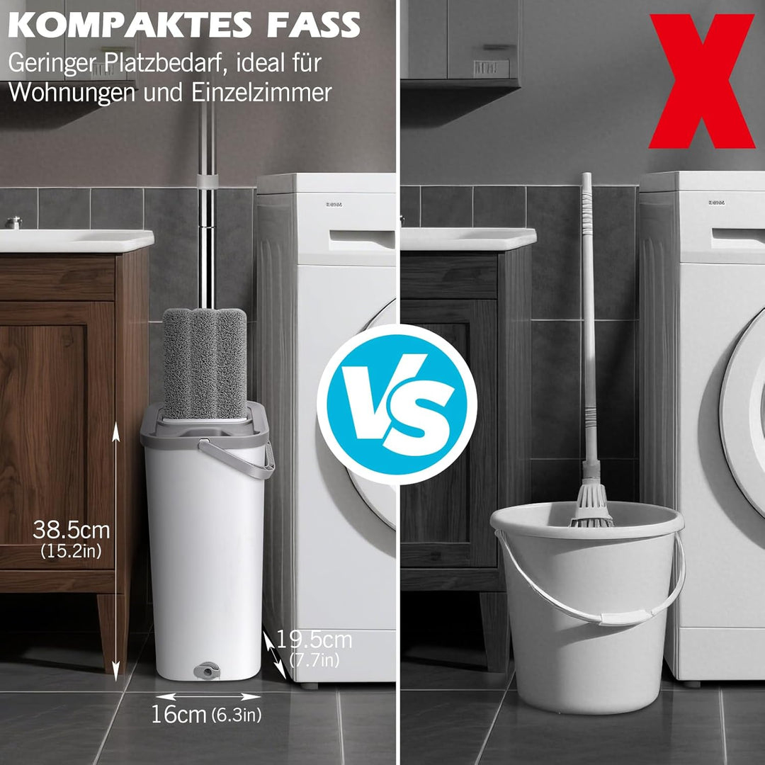 MASTERTOP Wischmopp Set mit Eimer, Flachmopp Bodenwischer mit 5 Mopp Pads und Langem Griff, 2 in 1 P