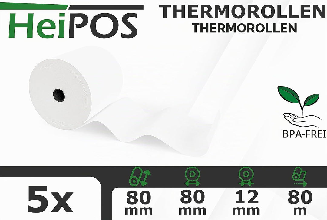 HeiPOS 5x Thermorollen 80mm x 80m x 12mm (Ø 80mm) - Kassenrollen für Epson TM-T88, Star, Citizen, Me