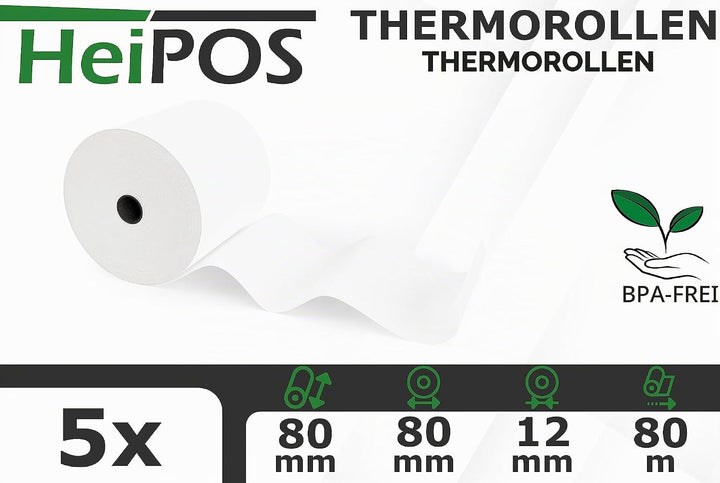 HeiPOS 5x Thermorollen 80mm x 80m x 12mm (Ø 80mm) - Kassenrollen für Epson TM-T88, Star, Citizen, Me